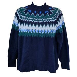 Fair Isle Sweater Navy Blue & Green tribal print boho cottagecore peasant soft